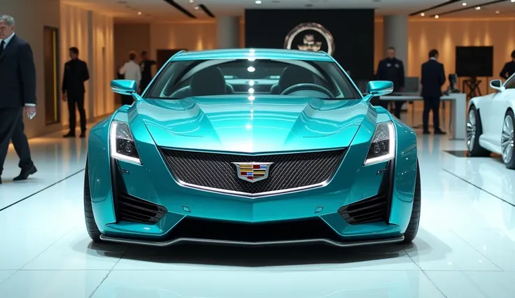 Straight front view of painted gleamy metallic turquoise with shiny clour 2025 Cadillac XLR sleek in large shape sedan in large size with Cadillac logo on its large detailed grille in shiny white clour with angular sporty design captured from straight fron...