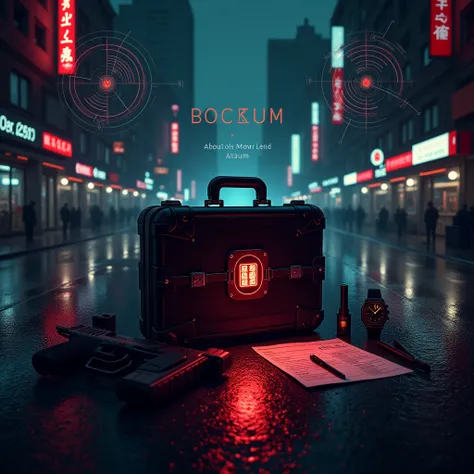 Design an album cover with a dark, sleek aesthetic inspired by spy thrillers and high-energy action. The composition features a futuristic cityscape at night, with neon lights reflecting off rain-slicked streets. In the foreground, a glowing briefcase with...