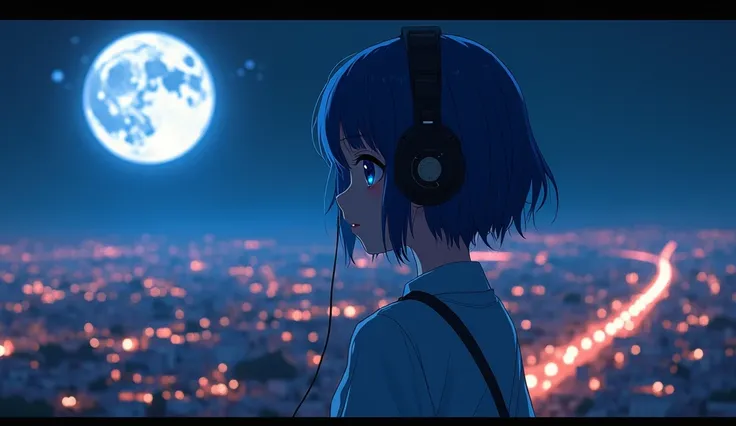 1 girl with short hair, Blue Eyed Girl, 80s anime style girl, Wearing headphones, Retro, Lo-Fi, With cassette tape, outside, outside, at night, night, night view, night景, Moon Rig, Moon Rig, A nightscape with a visible Moon Rig, where the city lights blend...