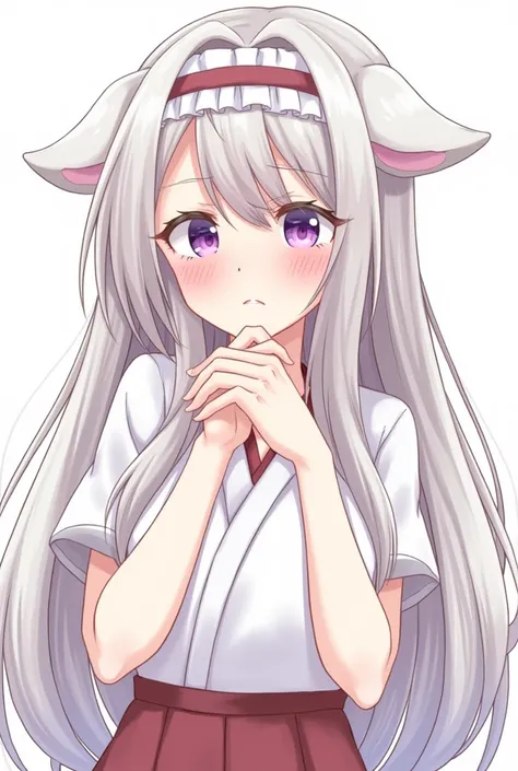  long hair, Disheveled Hair, Too much hair, Japanese hairstyle,  Big Breasts ,  Hide Ears ,  closes her mouth,  blush,  purple eyes,  frowns, Droopy eyes,  crying expression ,  anime style,  headband, Patient Clothing
