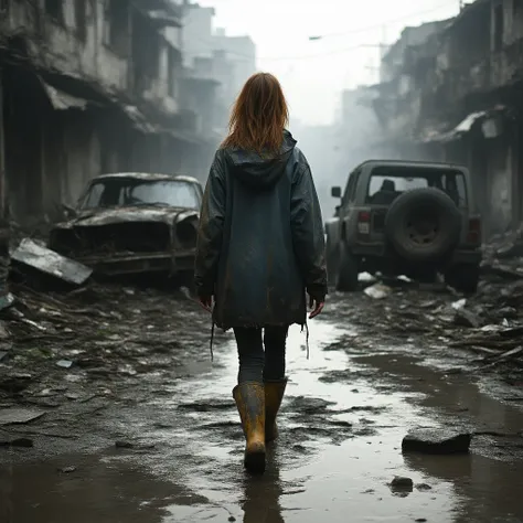 Hyper realistic image of a woman with her back walking in wellies and jacket between a flood disaster and two cars wrecked in city and destroyed in Spain