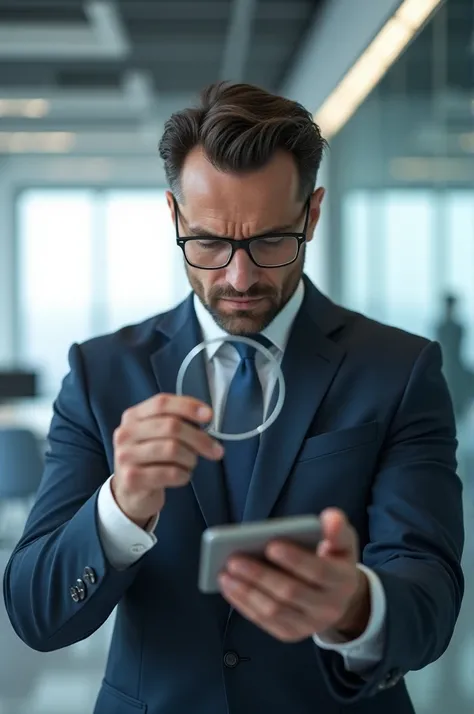 Man holding a magnifying glass in his hand、 bright office