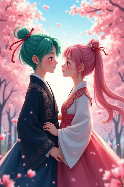 A bright green-haired boy wearing a black hanbok and a pink-haired girl wearing a white hanbok.  The background is a cherry blossom 