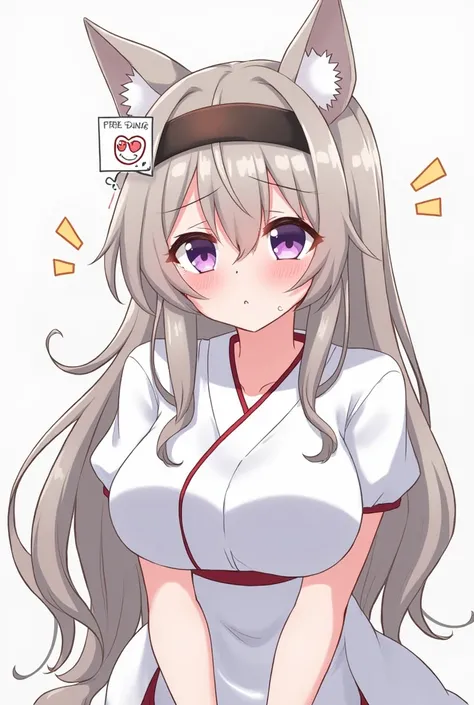  long hair, Disheveled Hair, Too much hair, Japanese hairstyle,  Big Breasts ,  Hide Ears ,  closes her mouth,  blush,  purple eyes,  frowns, Droopy eyes,  crying expression ,  headband, Patient Clothing
