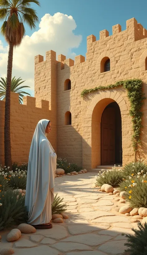 The Virgin Marys beautiful face ,white clothes ,White cloak in ancient Jerusalem near a brick palace in the color of clay a large one a street of rocks and bushes near oval shaped entrance flowers descending from the walls , some sheep and date palms  ,blu...