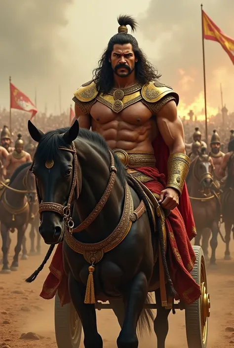 Karna standing in front of a chariot, moustache ,black horse, battlefield,golden armour, aggressive look, angry,