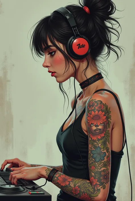 TATTOOED WOMAN WITH HEADPHONES ANIME