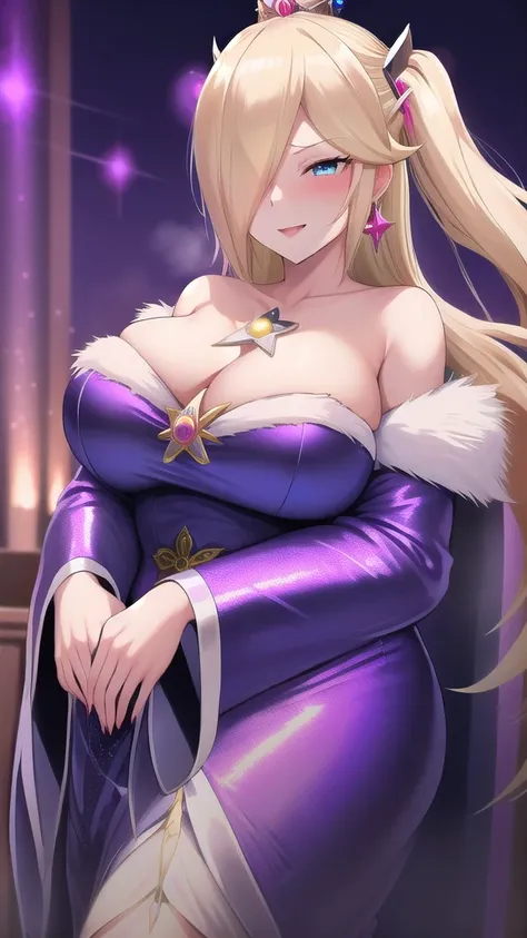   Erotic 、Rosalina、 blonde twin tail voluminous、Big Breasts, Alone,light blue sequin long dress, Purple Wicked Background 、  top quality,  detailed face ,  detailed eyes on board,  high definition ,、 Evil Evil Female Executive、Glare、smile、Contempt、Disgust、...