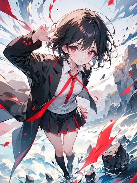 masterpiece, highest quality, highest quality, (no text), Beautiful and aesthetic:1.2),no text,anime、break,anime、break、 one girl、 Dark Haired Girl Short Hair 　 Slit Eyes Boyish 　adult　 beautiful eyes　Red and Black　red eyes, cool smile　 skirt　　 Black Coat　F...