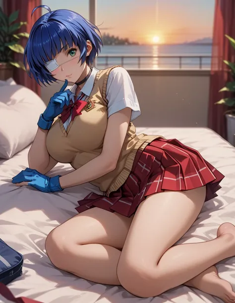 score_9, score_8_up, score_7_up, 1girl, solo, beautiful waifu, (ryomou shimei, ahoge, short hair, blue hair, medical eyepatch, green eye, large breasts, barefoot:1.2), detailed eye, detailed face, flirt, looking at viewer, (school uniform:1.1), (sweater ve...