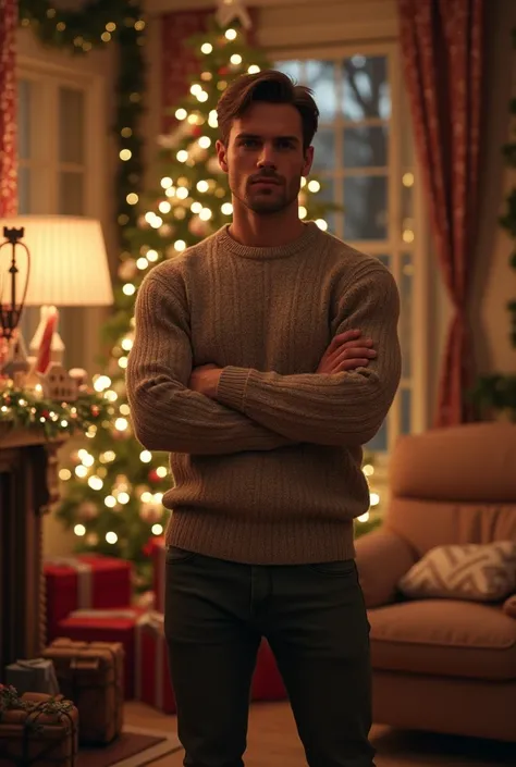 Living room,1 sexy man, brown hair,  sweater, pants, christmas, night,  High Resolution