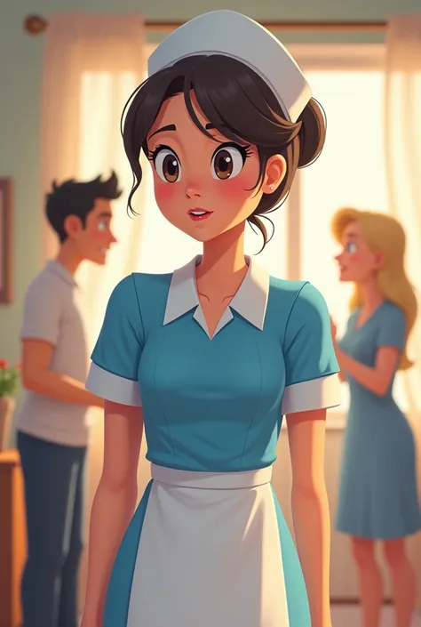 using the previous animated characters of parents and student nurse wearing a blue dress with white sleeves, nursing cap, bun hair and white apron. Showing the impact of her parents parenting style to her mental health using permissive parenting attitude o...