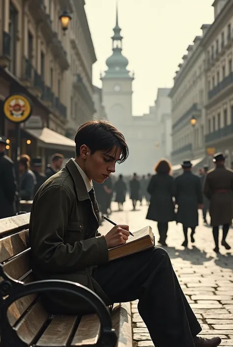 A bustling street in early 20th-century Vienna, with classic European architecture in the background. A young Adolf Hitler, a thin and tall teenager with dark hair and wearing old, disheveled clothes, sits on a park bench. He holds a sketchbook in his hand...