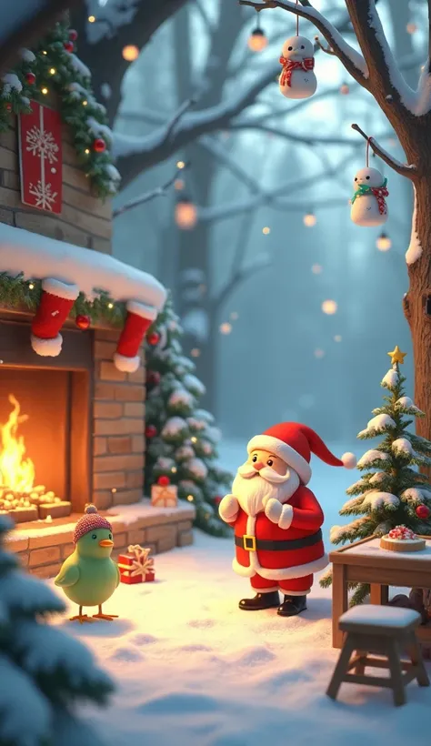  imaginary　snow　Tree Holes 　 Fireplace Fire 　 Wooden Tables 　Christmas cake　Chair　 Christmasツリー　decoration　 cute　Fluffy green chicken　 gold tosaka　 Christmas　 Santas Clothes