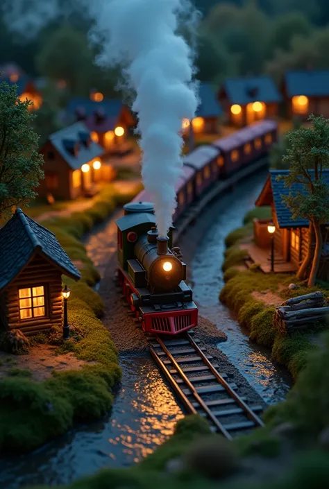 Fascinating high-angle shots of miniature countryside, Features a detailed steam locomotive pulling a passenger train. The train headlights、, Realistic steam coming out of the locomotive&#39;s chimney, Creates dramatic contrast against a dark night backgro...