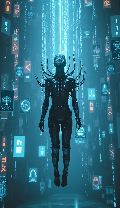 A cybernetic figure floats in the middle of a vast, hollow space filled with countless holographic screens displaying abstract symbols, glowing codes, and fragmented landscapes. Their face is a glitching hologram, flickering between human-like visages and ...