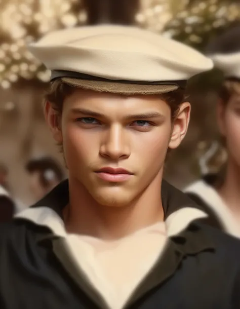 there is a man wearing a hat and a sailor suit, in a oil painting style, inspired by Niklaus Manuel, young greek man, fan art, digitally painted, liam, handsome man, chriss foss, in the style of an oil painting, portrait of a young pirate, inspired by Jose...