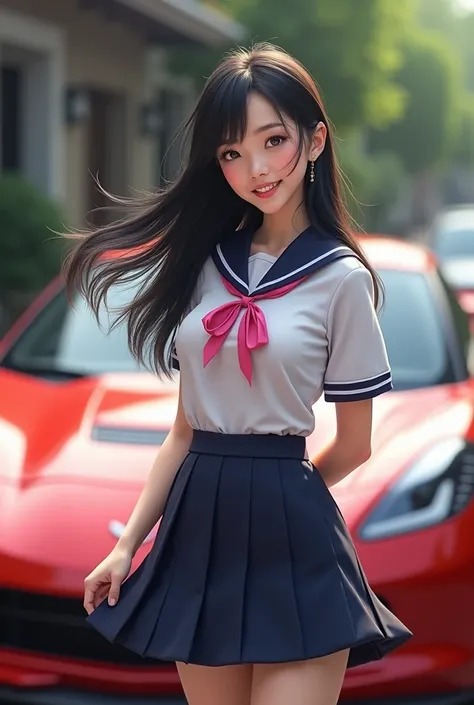 A Thai Women, Long hair, medium breasts, thai junior high school uniform, pink ribbon, sports car