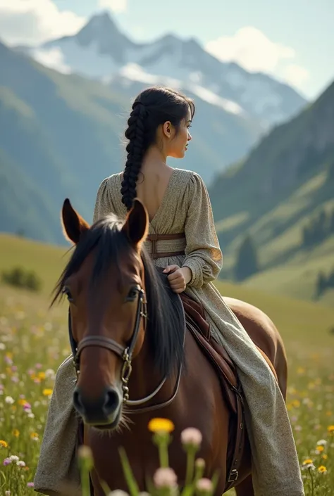 30-year-old girl with a braided pigtail on a square with dark hair, in a dress, on horseback , grass field, wild flowers, snowy mountains..