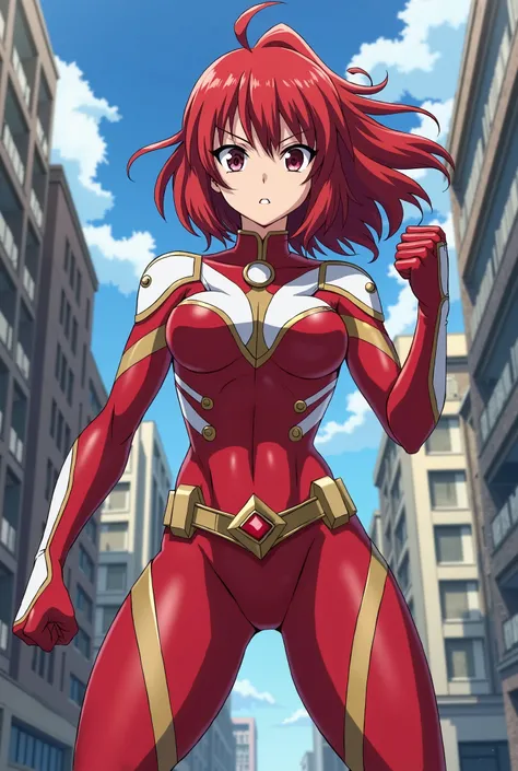 My Hero Academia Style , Anime girl, female, young female ,Full Body Shot,(fighting stance:1.3),Long hair, Red Hair,  Brown Eyes,Hero Suit, Full Body Suit, red suit with white details, perfect anatomy,  Toughened Abs,super detailed,(Buildings:1.2）