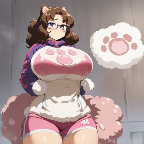 Anime, 1 girl, fluffy hair, side-layered hair, brunette, curvy body, big Breasts sports top (((paw imprint on the top))), tall body, jacket, short shorts, glasses, tail, shy Smile 