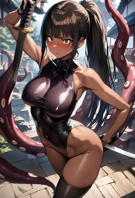 (A woman fighting with tentacles and a Japanese sword)、((masterpiece,best quality anime,Highest quality:1.3)),realistic,cowboy shot,(25 year old beauty),Female ninja,1woman,solo,((very small head:1.4)),((very long body:1.3)),black hair,bangs,long ponytail ...