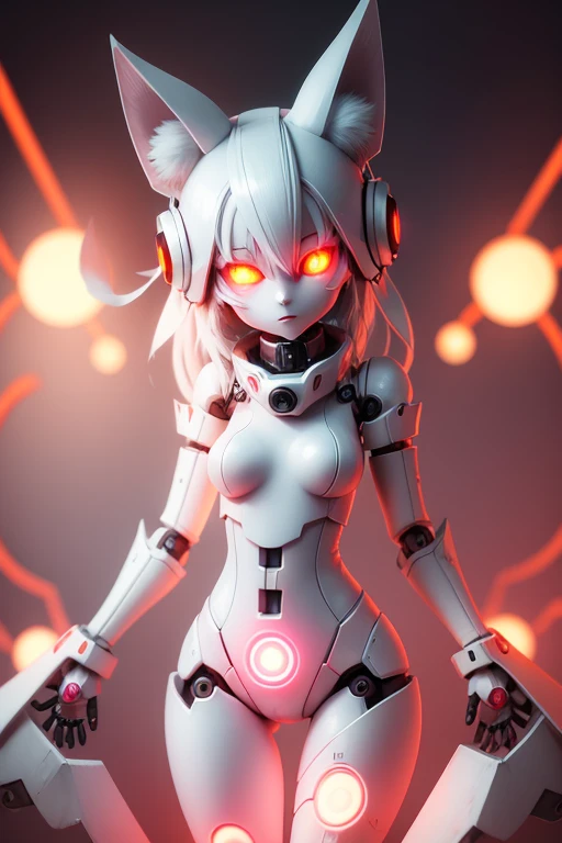 FNA mangle robotic whitefox girl in pink clothes, all white, orange glowing eyes