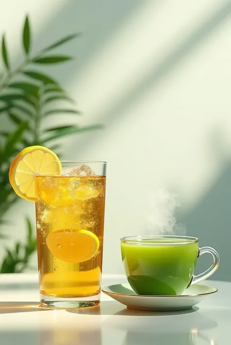 ice lemon tea beside green tea