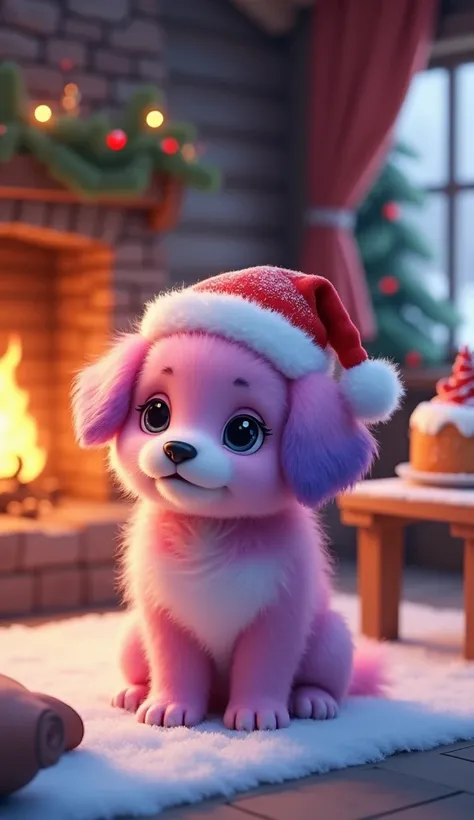  imaginary　snow　Furuya　 Fireplace Fire 　 Wooden Tables 　Christmas cake　Chair　 Christmasツリー　decoration　 cute　Fluffy pink purple puppy　 Christmas　Santa hat