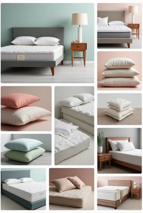  Generate a collage of several images showing mattresses, Furniture, pillows and foam rubber  