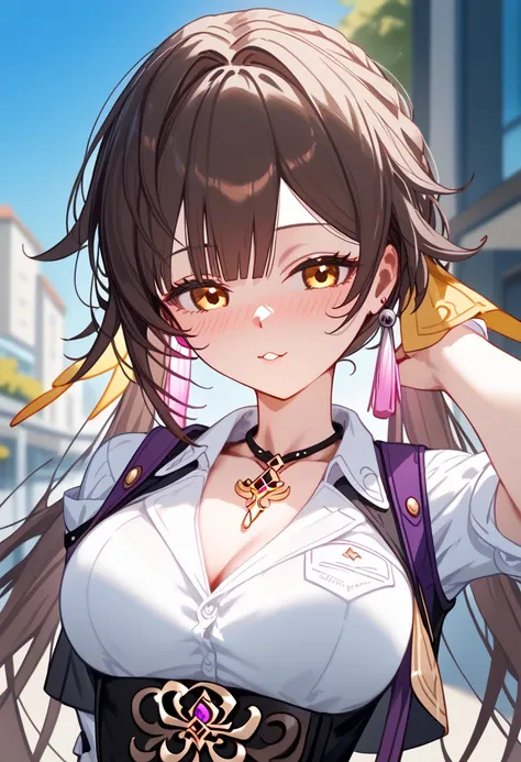 sushang (honkai: star rail),  Business shirts、black Skirt、necklace、medium breasts、slender body、random expression、(chest up,close up:1.3)、sexy Lip、Translucent skin， the skin is fair 、Moist eyes、Gentle eyes、Gentle look, solo,  outdoor、blush
BREAK
high defini...