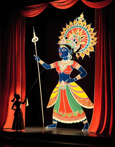 Shadow Play, Shadow Puppet Show, Javanese Shadow Theatre, Shadow projected onto a screen, Control stick from below, The shadow of a flat-jointed doll is projected onto the screen, Wayang Kulit, Colorful use of colors. Arjuna, Arjuna holding the divine bow ...