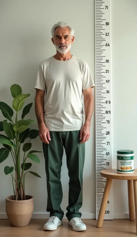 : "A man standing next to a height chart showing his transformation from 59 to 69,and moringa powder on a table nearby."