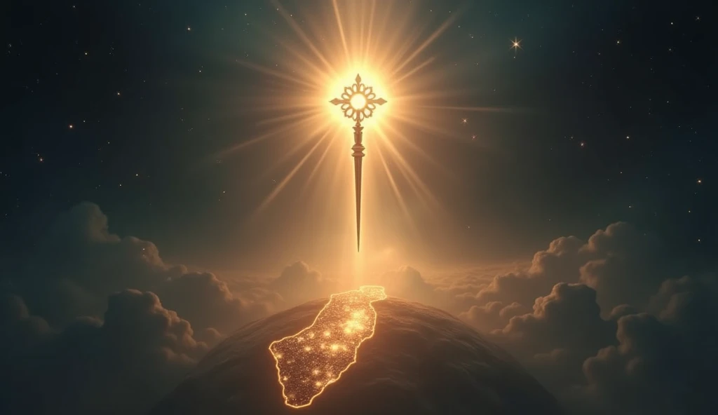 A celestial image showing a glowing scepter suspended in the heavens, surrounded by a ring of soft golden light. Below, a map of Judah is faintly visible, with its cities illuminated as though protected by divine intervention. The scepter radiates beams of...