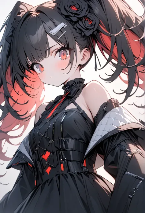 Beautiful girl with long red twin tails , red eyes, wearing a gorgeous black and white gothic lolita dress in a cyberpunk style, with many visible mechanisms and Red Neon lights shining from the clothes, against a pure white background with many Black...