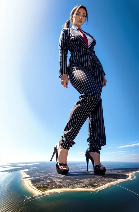 Giga Giantess art 1:4, two highly detailed giga giantess, ginger hair, bbw white woman full body view, 1000 miles giga giantess, giga giantess so massive the world is very small to her, huge breasts, light blue pinstriped skirt suit and blazer, white tailo...