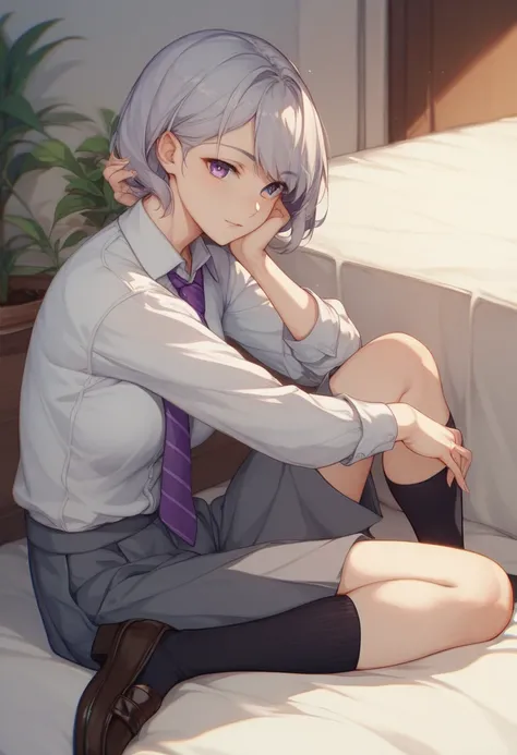 1 Girl、young、 small tits、Short、Hairstyle: Medium long、 Silver Hair、Bordeaux-colored eyes 、Grey dress shirt、 purple tie、purple half pants 、 black needs socks、 loafers in white