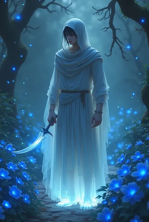 A man with a transparent body, wearing a long robe that has fallen off and looks shabby and old, wearing a hood over his head, in his hand is a new sickle of a unique shape. It is inside a garden of blue flowers that lights up at night and has blue spirit ...