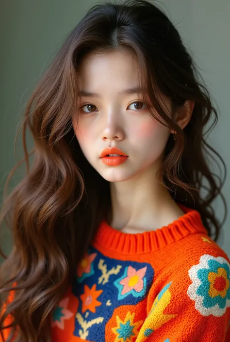 Girl, long brown hair, brown eyes, sharp features, white skin, bright orange lips, perfect, wearing a colorful sweater.