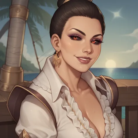 (((beautiful, high quality, comics style, detailed face))), score_9, score_8_up, score_7_up, BREAK, fantasy, female, ashrah (Mortal kombat 1), black sclera, seductive, smile, (dressed like a Sexy pirate, White Shirt, Long puffy sleeves), female focus, solo...