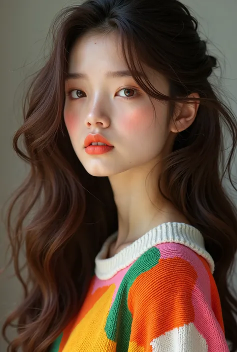 Girl, long brown hair, brown eyes, sharp features, white skin, bright orange lips, perfect, wearing a colorful sweater.
