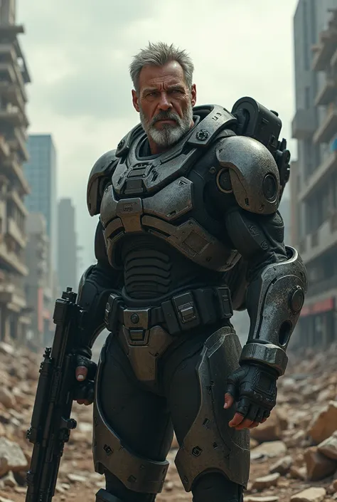 Middle-aged man, wearing a combat suit with exoskeleton , with weapons in their hands,  in a post-apocalyptic city in the background,  cinematic lighting 