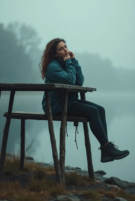  A tall athletic girl , on a hike,  hair loose ,  knees rest on a pole bench  ,  with elbows on a camping table made of poles , with her head supported by her hands , legs hang out in the airChest 3 + size , Curved , loose jacket , Sports boots, brown-hair...