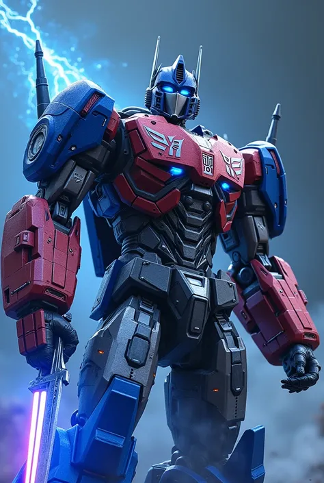 in his hand, posing with a sword,  Optimus Prime, Hand on Sword Energon Blue,