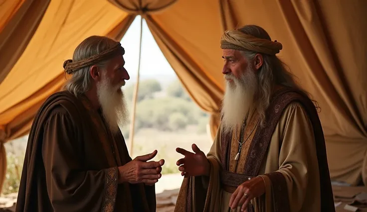 Image showing a distinguished elderly gentleman, with long hair and beard, dressed in biblical clothing of the eleite, talking to a distinguished elderly lady inside the tent; inside of the large biblical tent in the background;