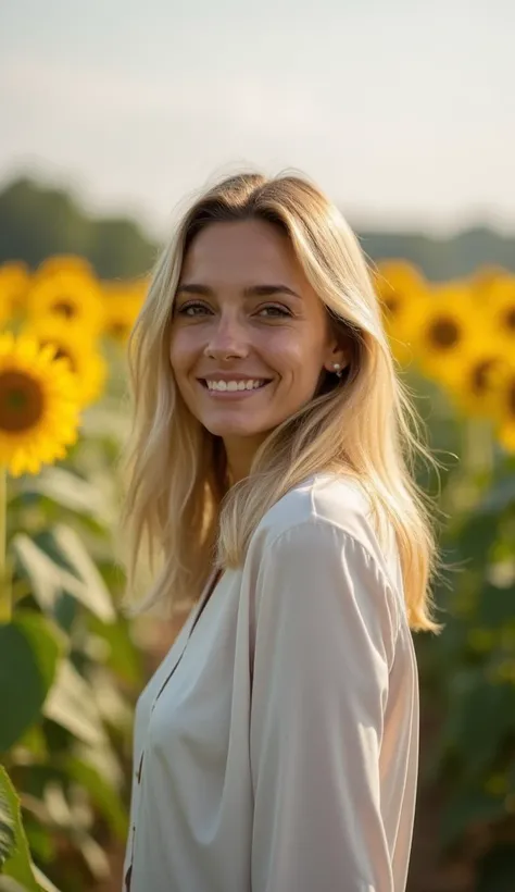 A 35-year-old woman in a long-sleeve blouse standing in a sunflower field.