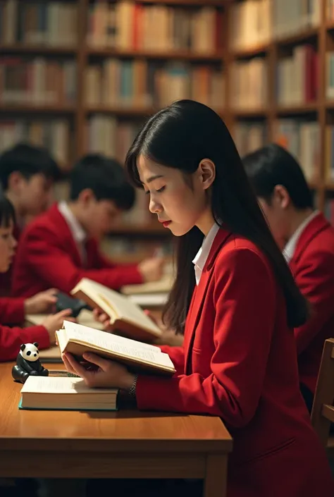 (( top quality)), ((  Masterpiece  )), (  Details), 1peopleの女の子, Library、 Pretty Japanese Girl ,  everyone wears a red blazer and takes the book from the bookshelf 、 high school girl ８people々が読書をする 、本を持つ high school girl 、 One Panda、 documentary photo 、 Re...