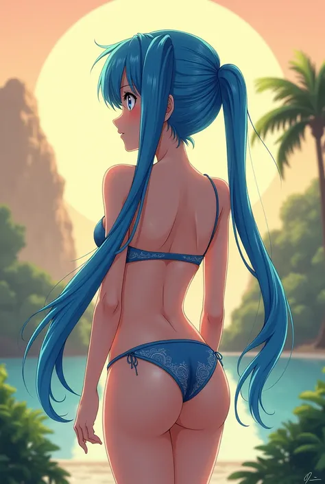 anime girl with blue hair and long pigtails in bikini facing back