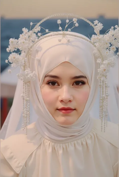 A beautiful girl wearing a pink hijab and a white hoodie, wearing cargo pants and white Nike Air Force shoes, she is of Dutch descent, her hair is not visible


Hijabหุบปาก, 