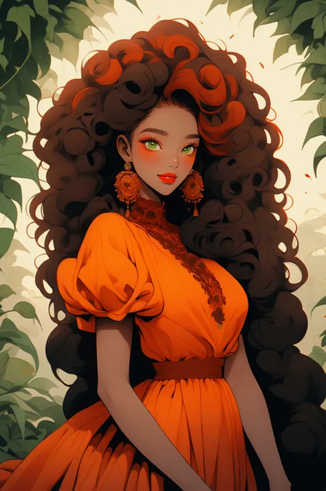 a woman, black skin, chocolate brown skin, green eyes, she must be squinting, red painted lips, cannot be smiling, curly hair, long hair, orange hair, strong orange hair, wearing a blood red dress, with a black fur coat, the scene behind her must be a gard...